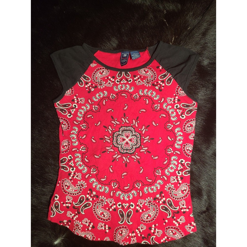 Derek Heart Bandana Paisley Top Womens Large Red Black Y2K Cap Sleeve Cotton
